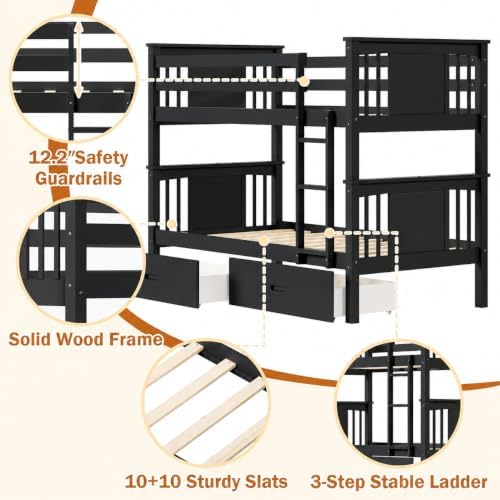FUQARHY Solid Wood Twin-Over-Twin Bunk Bed with 2 Storage Drawers