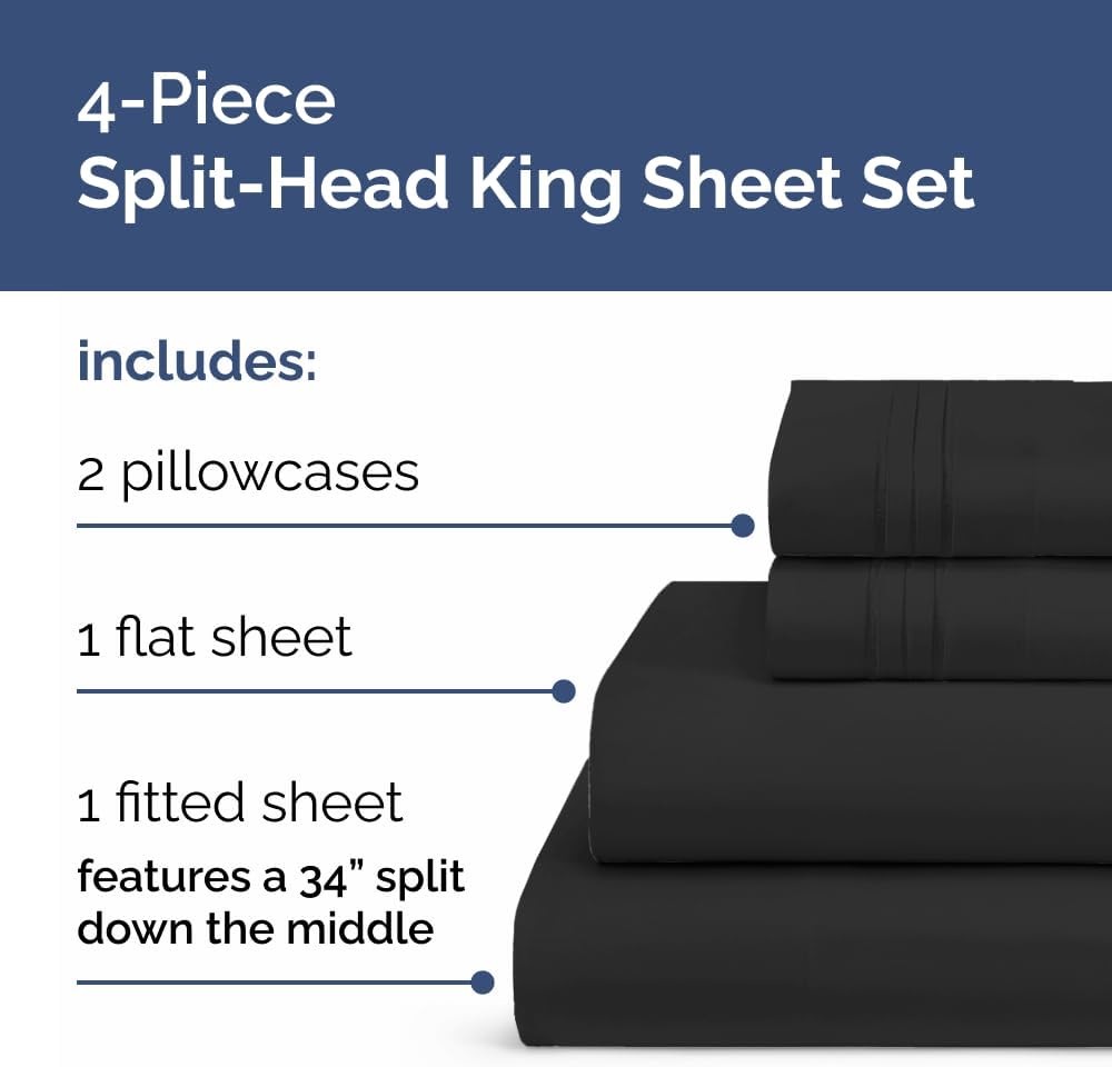 Flex Top Split Head King 4 Piece Sheet Set - Ultra-Soft, Breathable - Black