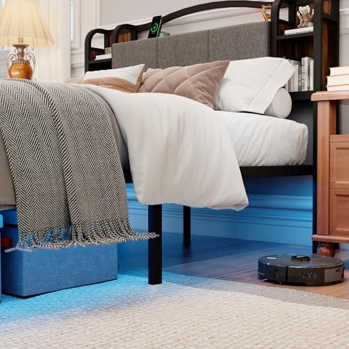 full bed frame with led lights & charging, view 9