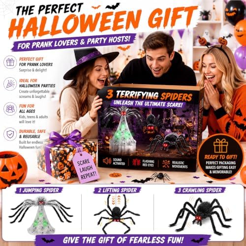 3 Pack 34" Halloween Animatronic Spiders Decor, Jumping Wriggling Climbing