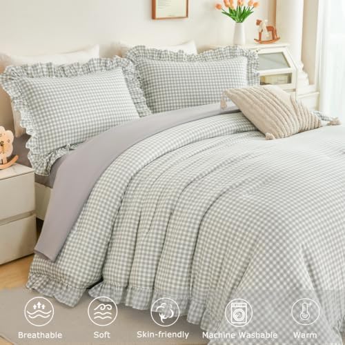 RYNGHIPY Gingham Comforter Set Twin 5 Pieces Gray Ruffle Plaid Bedding Set