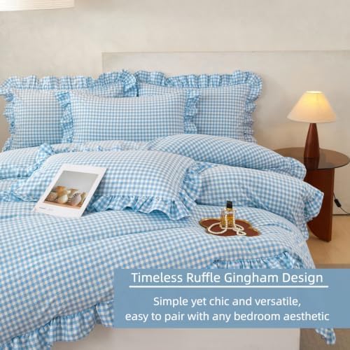 SUCSES Blue Ruffle Gingham Comforter Sets 5 Pieces King Plaid Bed in a Bag Fa...