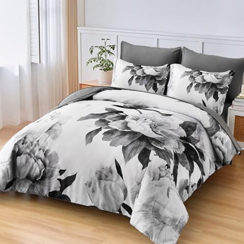 Dobuyly Grey Queen Comforter Set 7 Piece Bed in a Bag, Gray Floral Printed on...