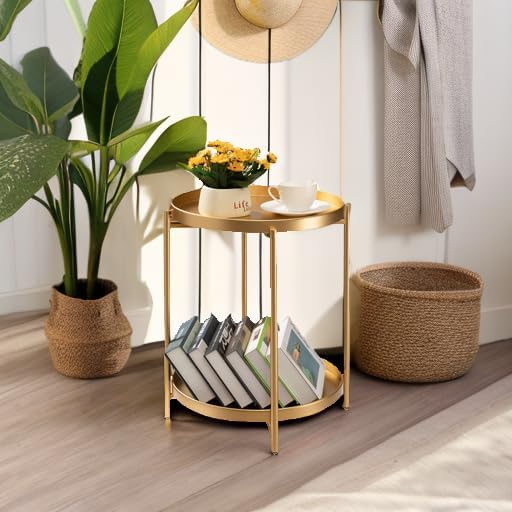 TeoKJ 2 Tier Gold Side Table, Folding Round Metal End Table Small Nightstand ...
