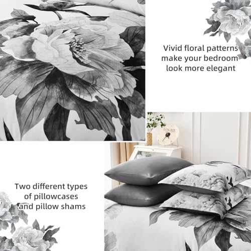 Dobuyly Grey Queen Comforter Set 7 Piece Bed in a Bag, Gray Floral Printed on...
