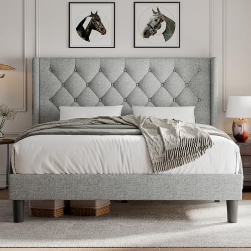 ipormis queen size platform bed frame with button, front angle view