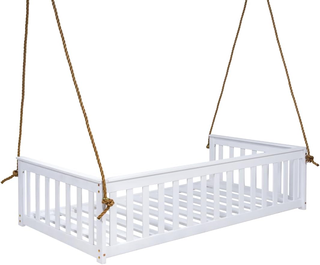 east green charleston twin white porch swing bed, side view