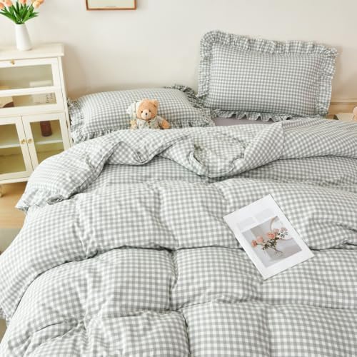 RYNGHIPY Gingham Comforter Set Twin 5 Pieces Gray Ruffle Plaid Bedding Set