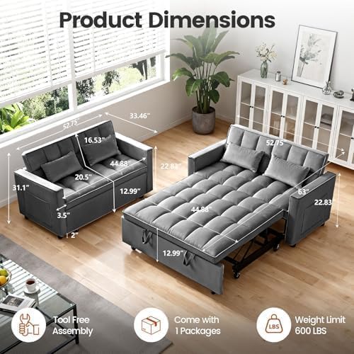 Sleeper Sofa Bed with Adjustable Backrest & Side Pockets, Gray