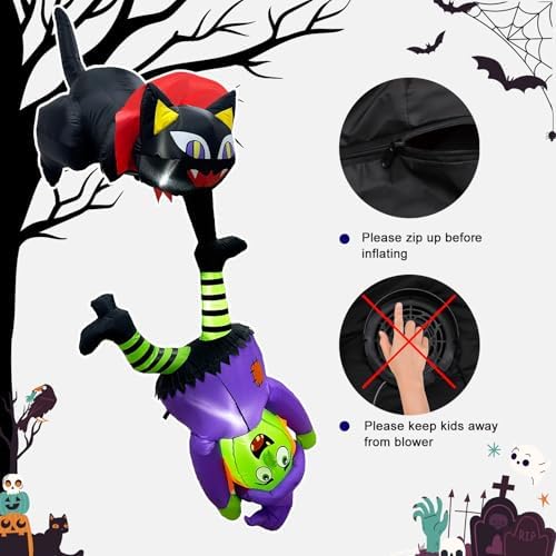 8 FT Hanging Halloween Inflatables Outdoor Decorations Black Cat and Witch