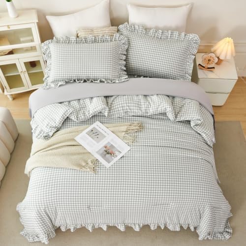 RYNGHIPY Gingham Comforter Set Twin 5 Pieces Gray Ruffle Plaid Bedding Set