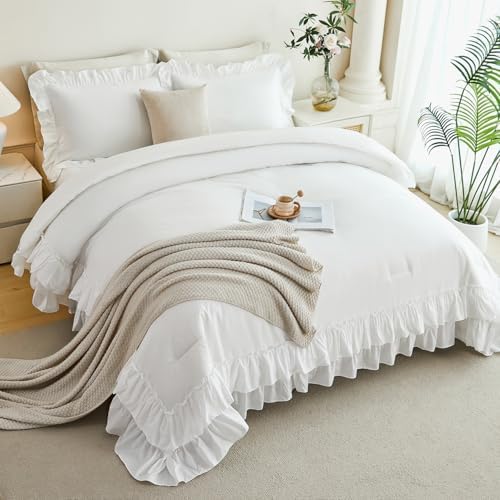 ANGIYUIN White Full Ruffle Comforter Set 5Pcs Bed in A Bag with Sheets