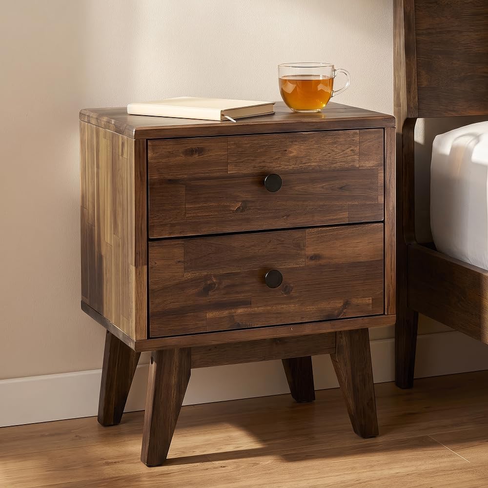 Acacia Silvia Nightstand with 2 Drawers, Solid Wood Bedside Table, Table with...