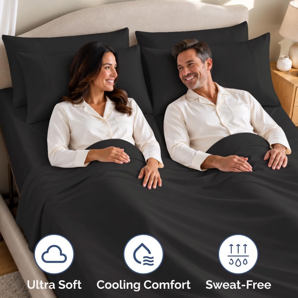 Flex Top Split Head King 4 Piece Sheet Set - Ultra-Soft, Breathable - Black
