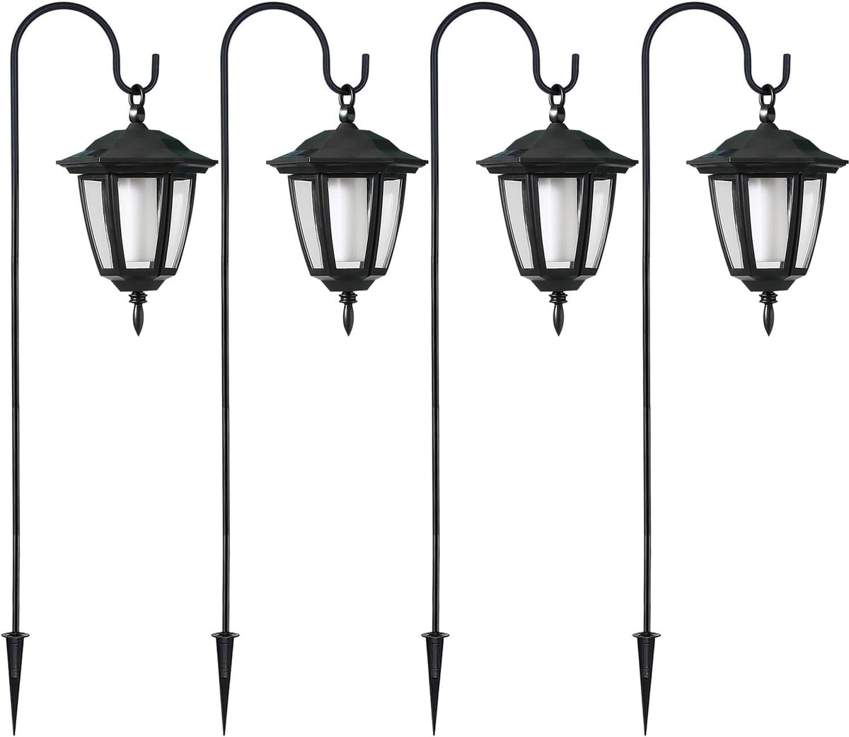 Dynaming 4 Pack Solar Halloween Flame Hanging Lights Outdoor, Flickering Flame LED Garden Lanterns with 4x38 Inch Shepherd Hooks, Landscape Lighting Waterproof for Lawn Yard Pathway Driveway, Purple