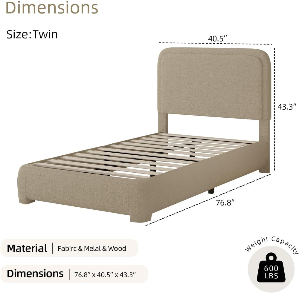 BarnFurin Twin Bed Frame, Cloud Boucle Headboard, Rounded Corners, Beige