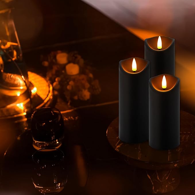 24-Pack Black Flameless LED Candles with Remote & Timer (3 Sizes) - Battery Operated Halloween Pillar Candles for Spooky Decor, Haunted House, Gothic Wedding, Holiday Centerpieces