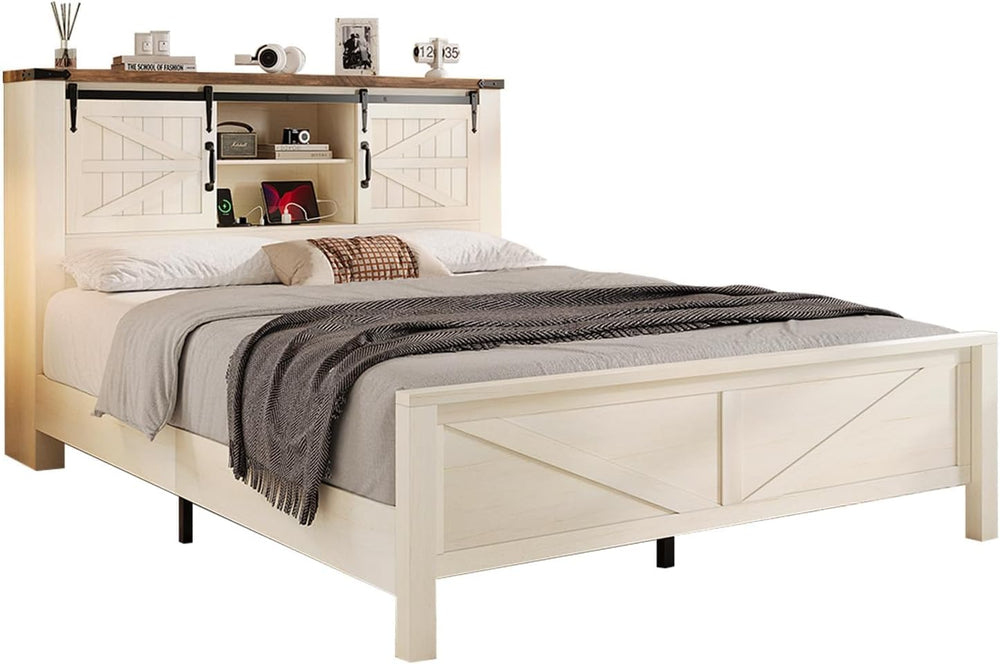 LUXOAK Queen Size Farmhouse Platform Bed Featuring Storage Headboard