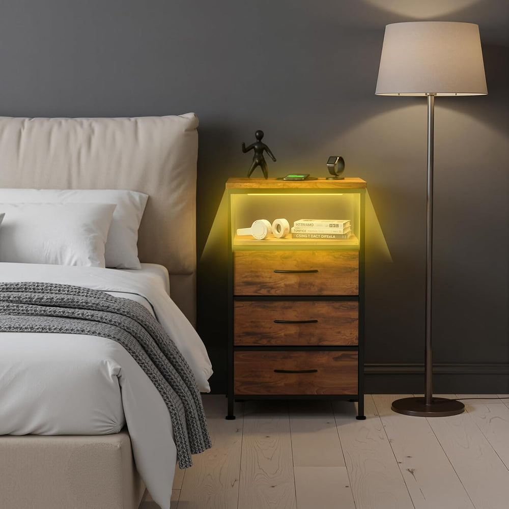 Sweetcrispy Nightstand with Charging Station 5 Fabric Drawers Bedside Table