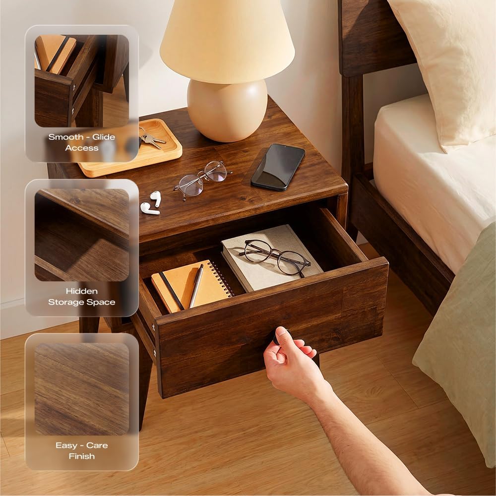 Acacia Sofia Nightstand with Drawer, Bedside Table, Solid Wood Bedside End Ta...