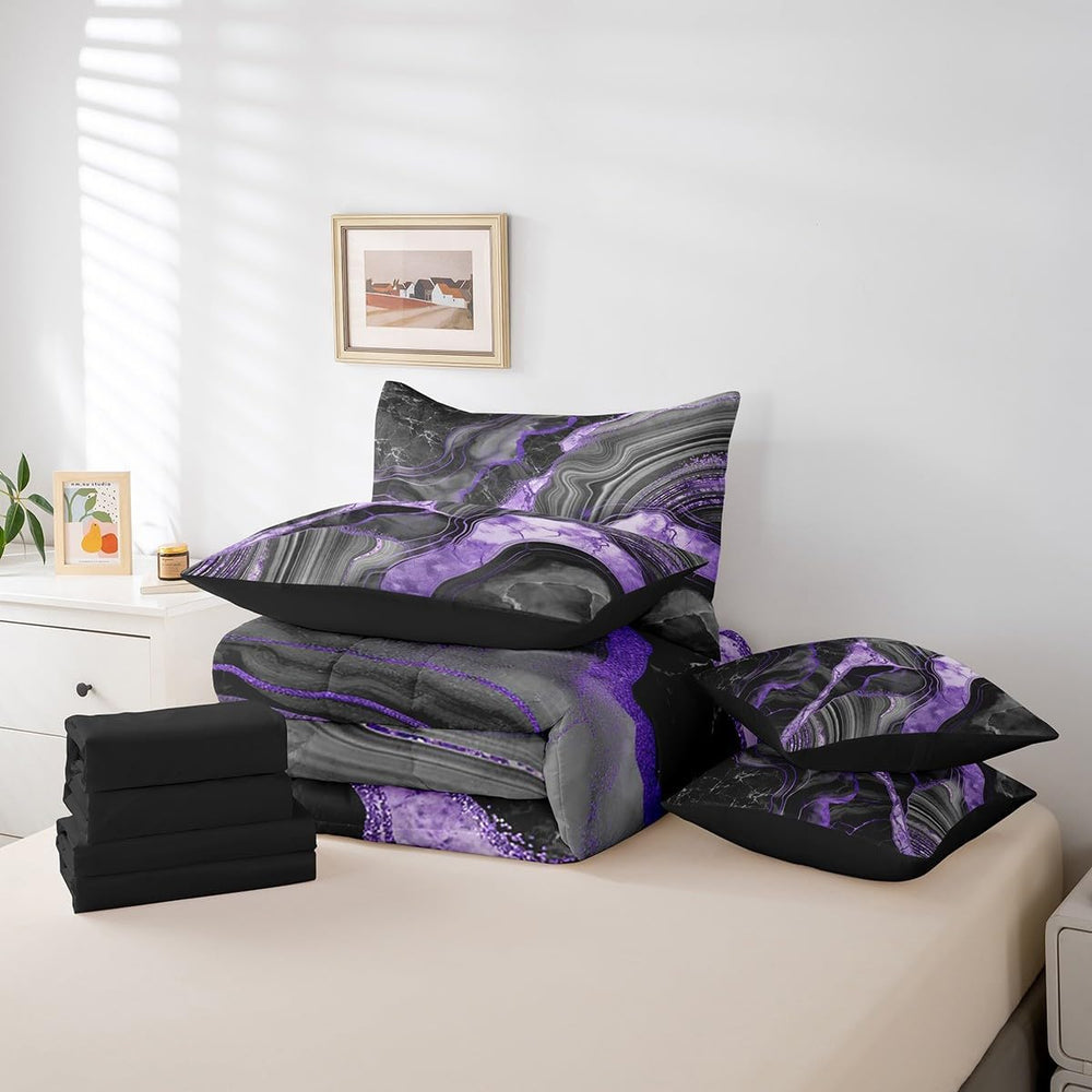 Erosebridal Black Grey Marble 7 Pcs Comforter Set, Purple Marbling Queen