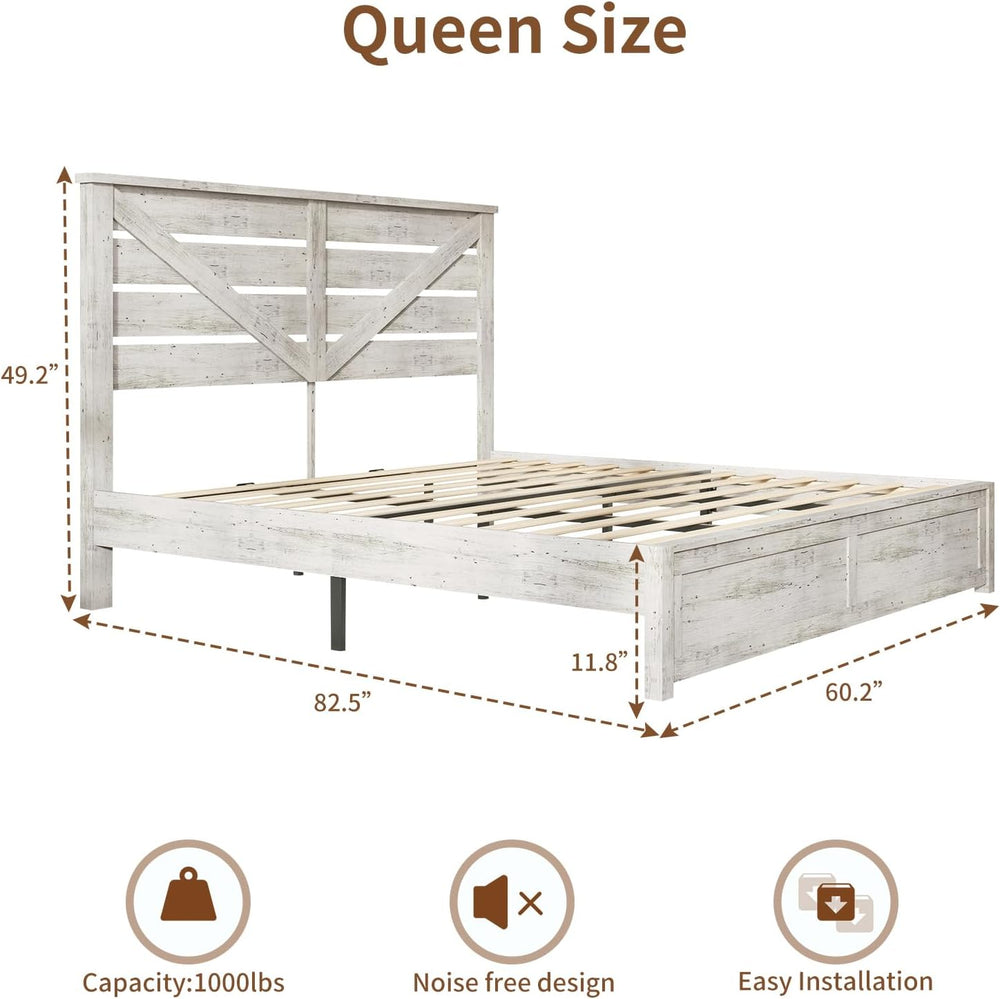 LUXOAK Queen Size Farmhouse Wooden Bed Frame with 49.2" Headboard, White