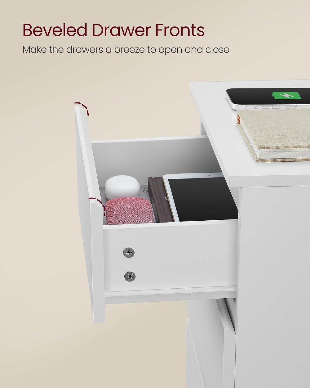 VASAGLE Nightstand with Charging Station, 3 Drawers