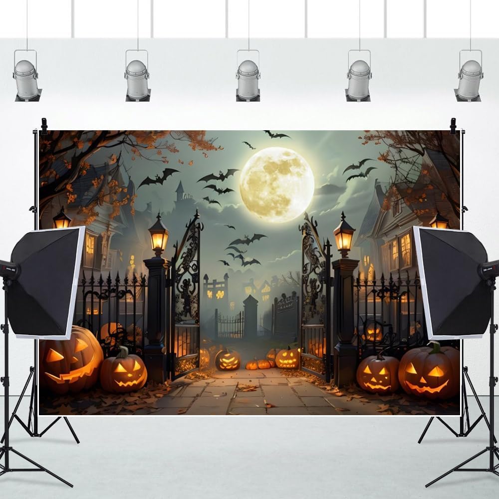 12x8ft Halloween Backdrop Scary Full Moon Night Pumpkin Ghost Castle Halloween Photo Backdrops for Photography Haunted House Back Drop for Picture Booth Props Party Decorations