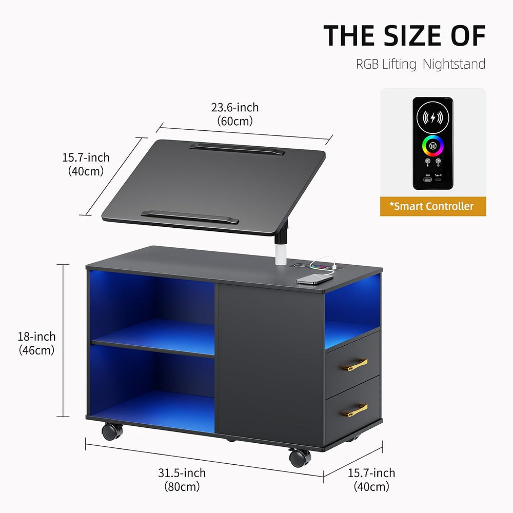 Nightstand with Adjustable Rotary Table,Charging Station(Black)