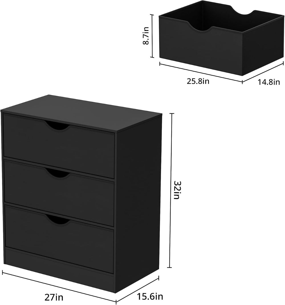 Housoul 3 Drawers Dresser with PU Drawer and Wood Frame, Black Chest with Lar...