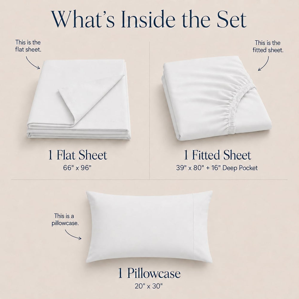 100% Egyptian Cotton, Twin XL Sheet Sets, 3-Piece Set, 16" Deep - WHITE