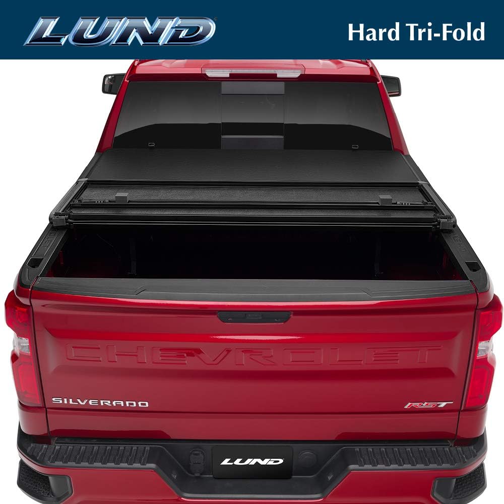 lund hard tri-fold hard folding truck bed tonneau showing dimensions
