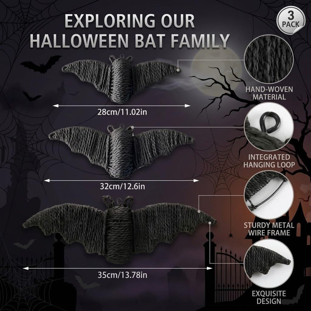 3 Pcs Halloween Woven Big Bats Wall Decor,Handwoven Rattan Hanging Decor