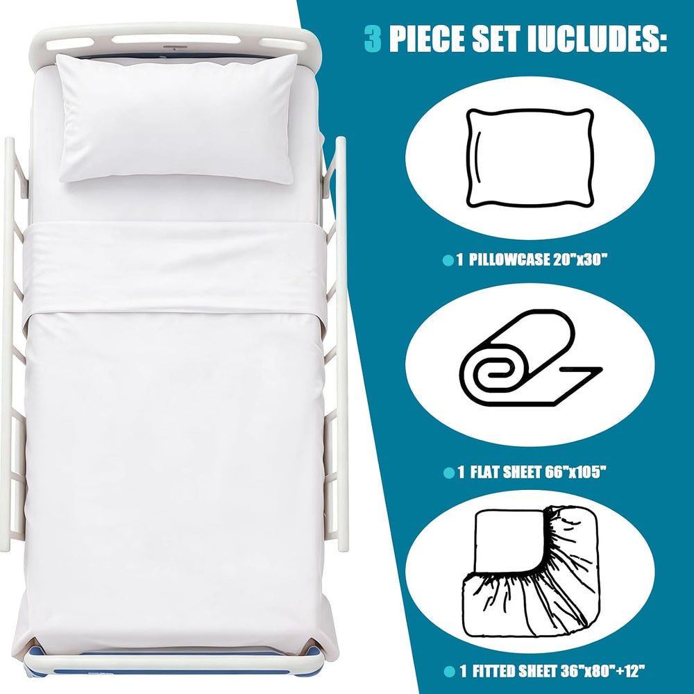 KKJIAF 3 Piece White Cotton Hospital Bed Sheet Set