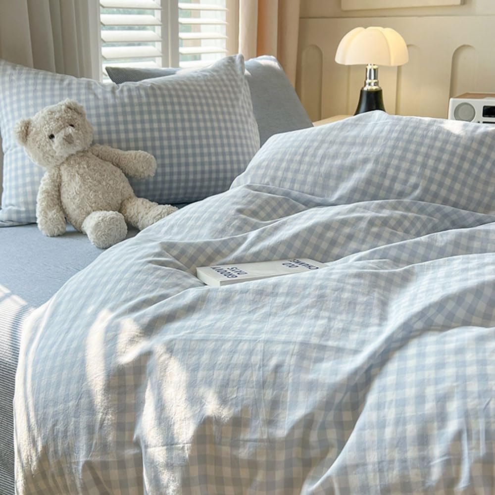 Nayoroom Gingham Duvet Cover Set Full Blue White Plaid Checkered Bedding
