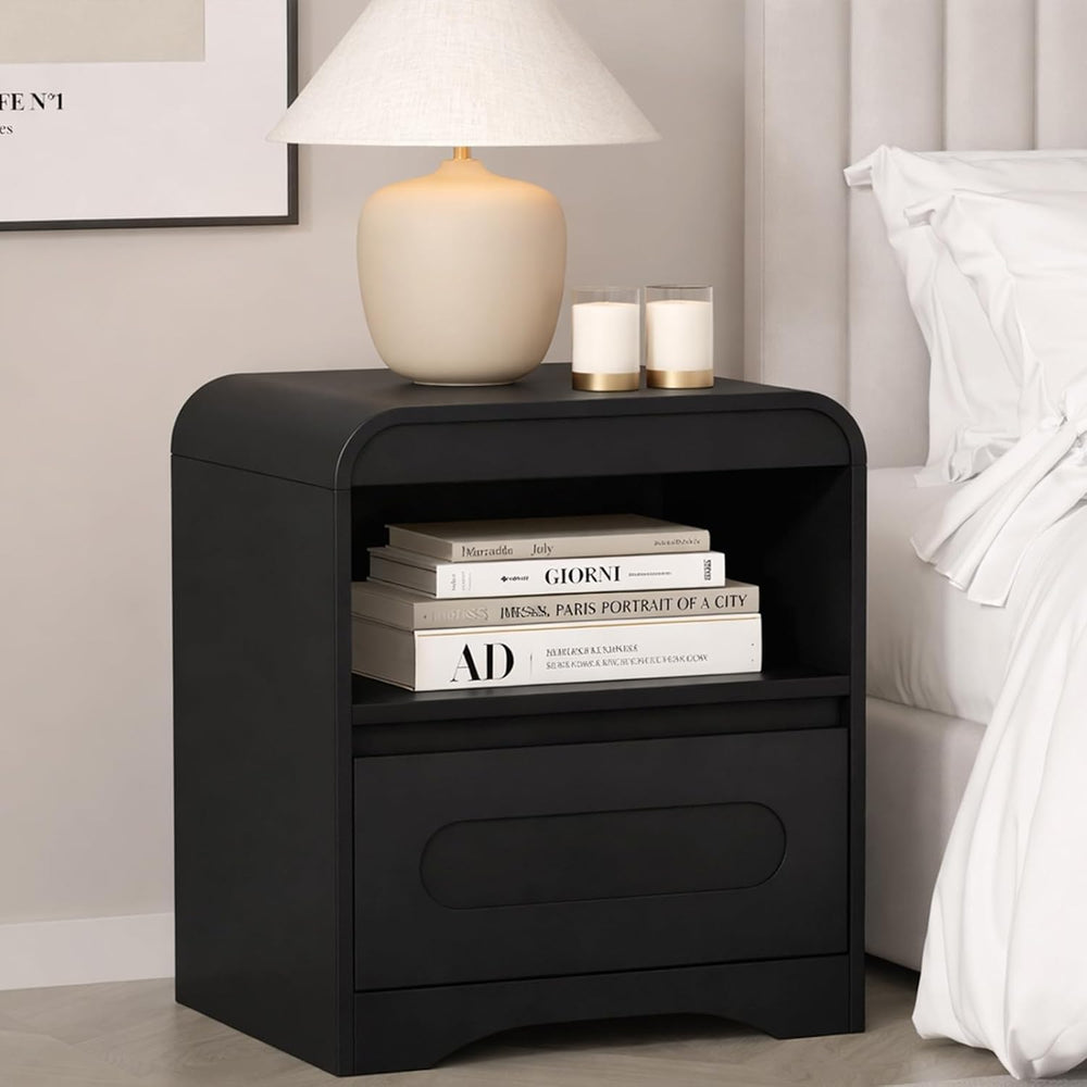 Wood Nightstand with Drawers, Curved Bedside Side End Table w/Open Storage