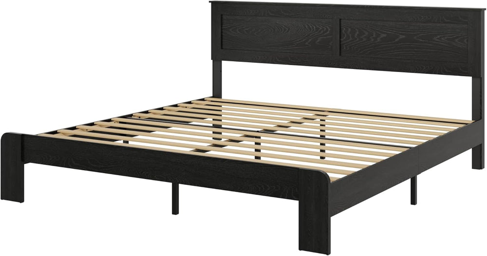 Wooden Bed Frame King Size with Headboard, Farmhouse Platform Bed