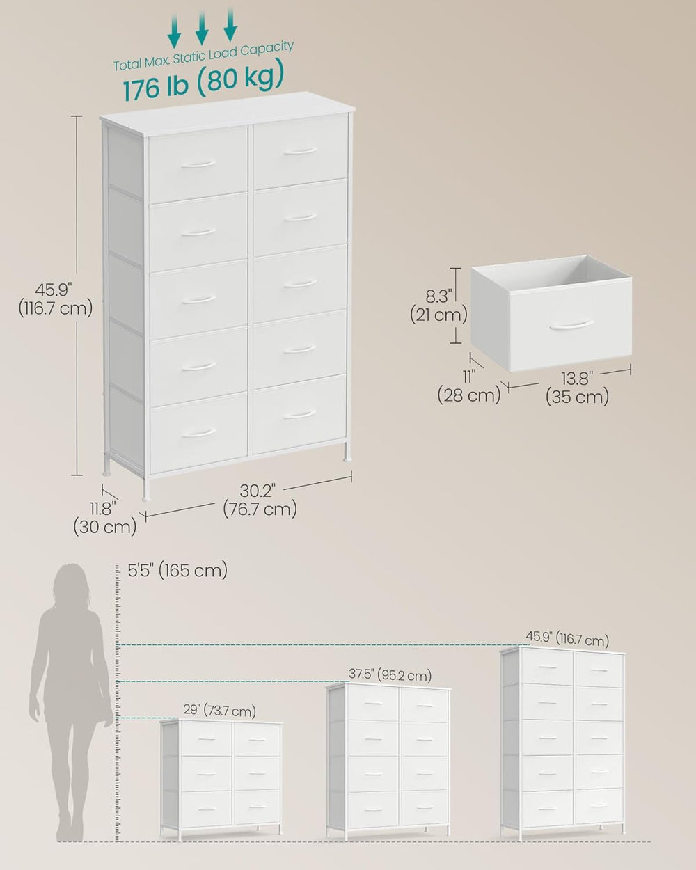 SONGMICS Dresser for Bedroom, Tall Dresser with 10 Fabric Drawers