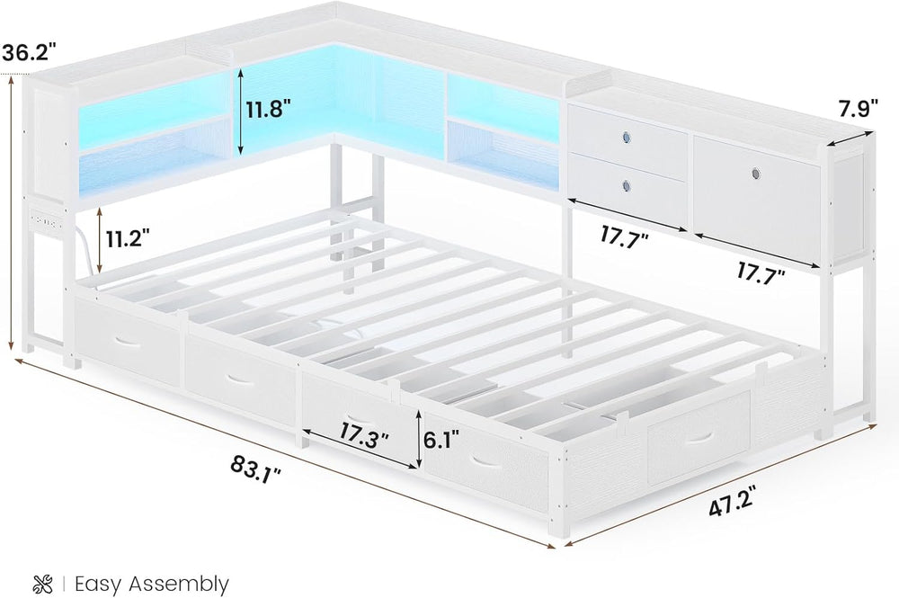 BTHFST Corner Bed Frame with Charging Station & Led Lights, White