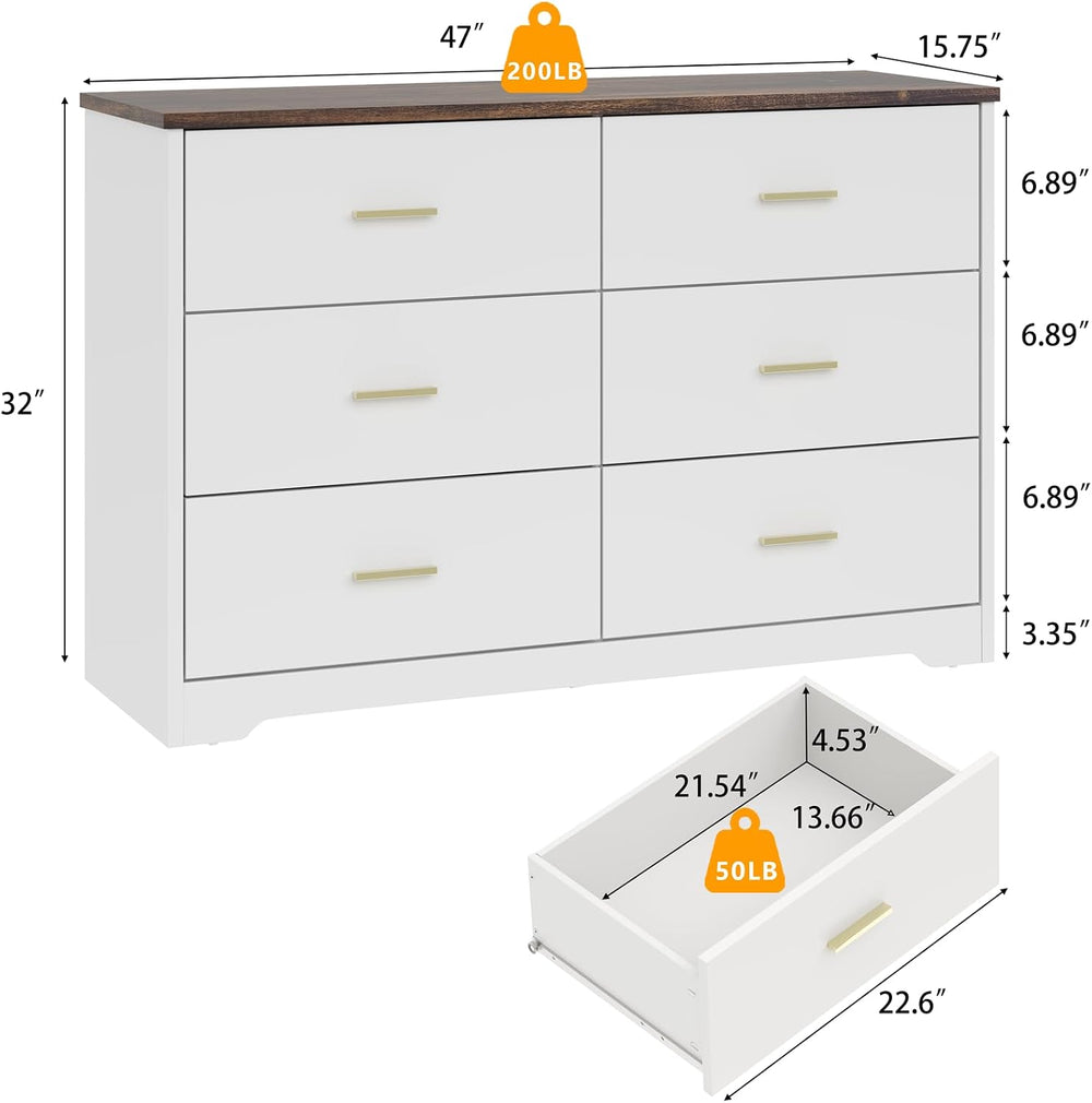 LIDYUK White Dresser for Bedroom, 6 Drawer Dressers & Chests of Drawers