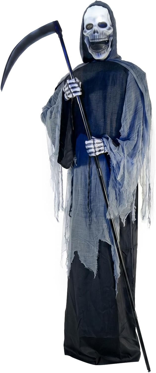 9FT Animated Grim Reaper Halloween Decoration - Sound Activated Halloween Animatronic Outdoor with Movement, Creepy Sounds and Light-Up Head, Giant Scary Reaper Prop, for Yard Porch Haunted House