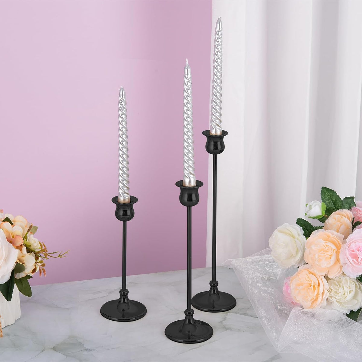 Metal Candle Holder Taper Candlestick Holders for Candle Sticks Vintage Candelabra for Halloween Thanksgiving Christmas (Matt Black, 2 Sets (6 pcs))