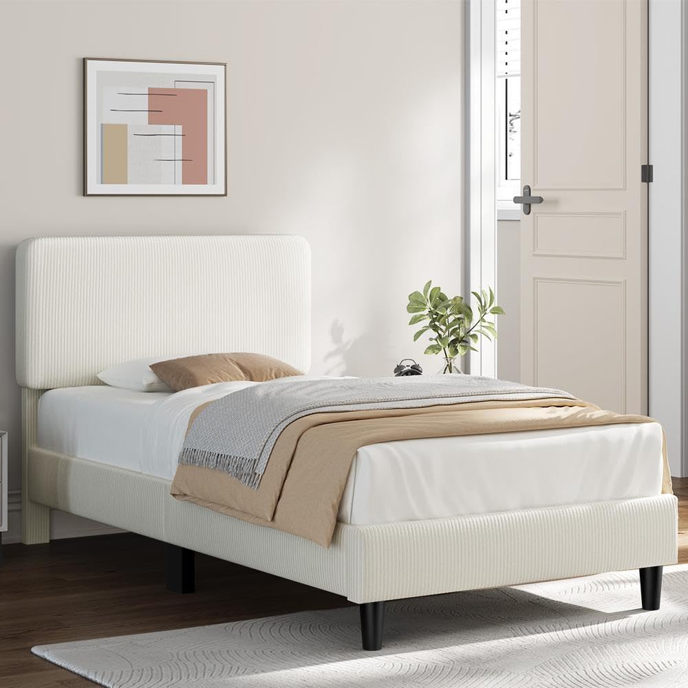 Yaheetech Twin Bed Frame, Adjustable Chenille Upholstered Headboard, Beige
