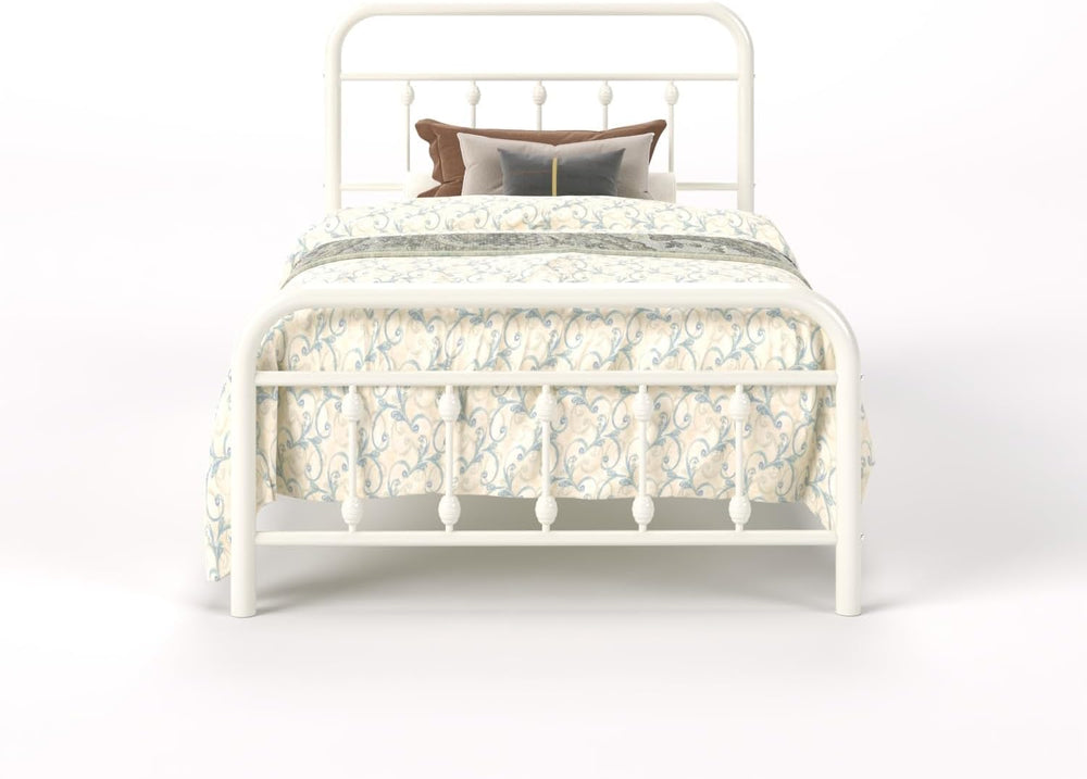 SHA CERLIN Twin Metal Bed Frame with Victorian Iron-Art Headboard, Cream