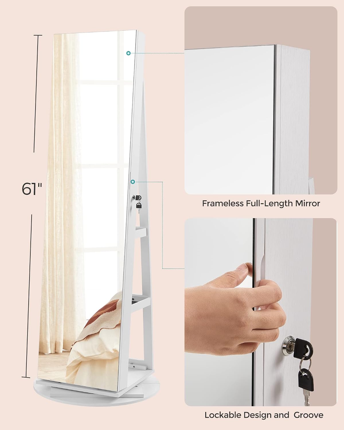 songmics 6 leds mirror jewelry cabinet organizer, 360°, front angle view