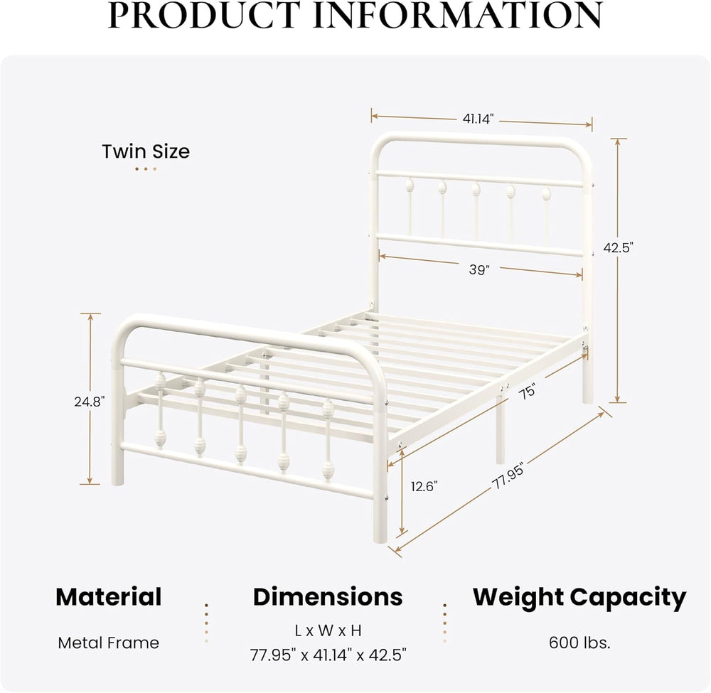 SHA CERLIN Twin Metal Bed Frame with Victorian Iron-Art Headboard, Cream