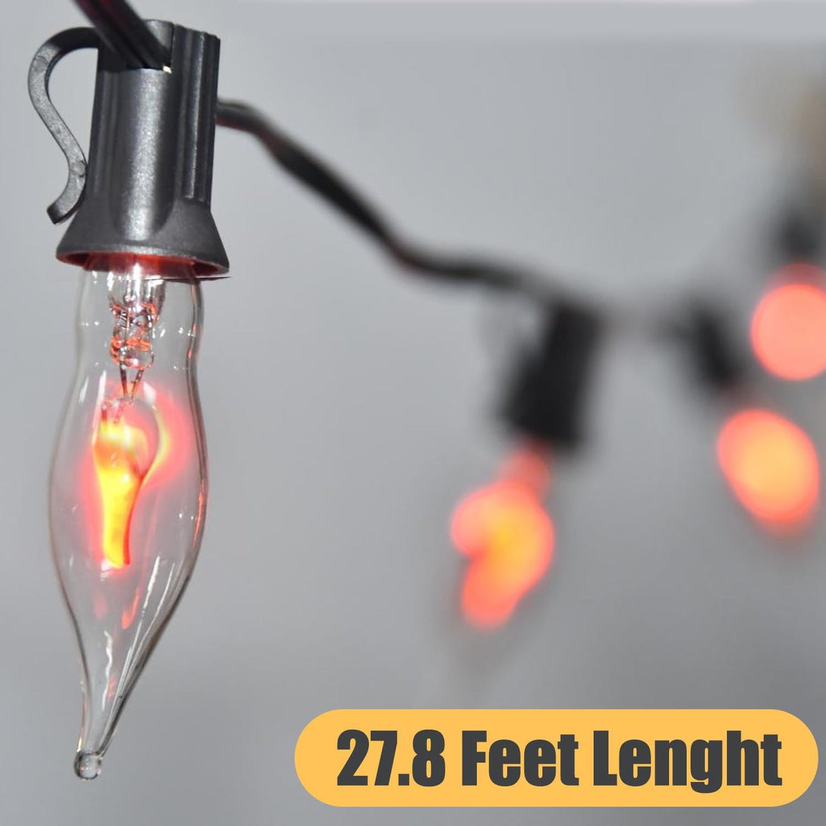 PASUTO 27.8Ft Halloween Decor Lights Flickering Flame String Lights with 25+4 Pack Clear Glass Flame Light Bulbs for Fall Decor Halloween Decorations Indoor Outdoor Home Party Fireplace, E12 Base