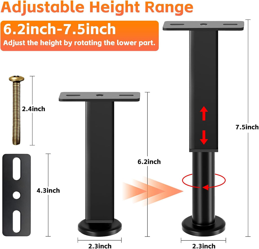 6 PCS Adjustable Height Bed Support Legs, 6.2-7.5 in Metal Bed Risers