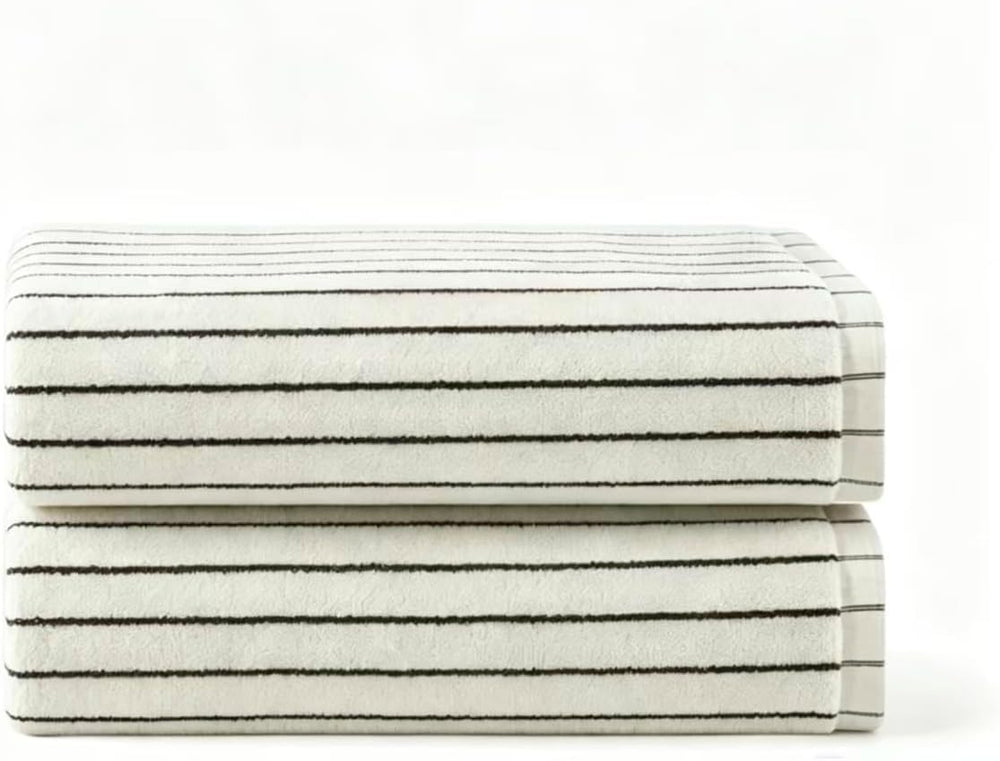 Striped Bath Towels Set of 2 Cotton Classic Black and Ivory Stripe Towels