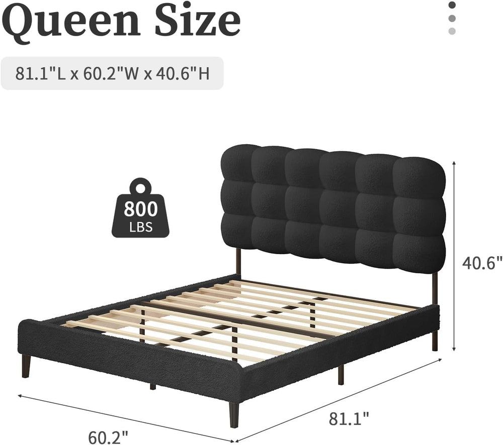 BarnFurin Queen Bed Frame, Soft Teddy Cloud Boucle Headboard, Black